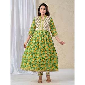 Ensemble Kurta et pantalon en coton imprimé vert Jaal, style de vêtements américain - Product Image 4