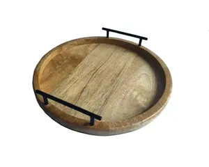 Plateau de service rond en bois d'acacia avec poignées Décoration d'intérieur Organisation Table à manger Contenant de rangement alimentaire - Product Image 5