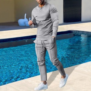 Automne nouvelle grande taille hommes couleur unie Henry pantalon à manches longues costume tendance nouveau survêtement à carreaux ensembles pour hommes - Product Image 6