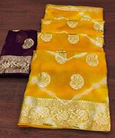 Nouveau Dernière Tendance Casual Wear Litchi Soie Jacquard Travail Imprimé Saree avec Blouse Pièce Femmes Porter Sari Bas Prix ApparelGarment