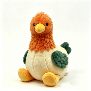 Tête orange à plumes, corps blanc crème, ailes vert foncé, bec et pattes jaunes, peluche texturée et duveteuse, assise ronde et pulpeuse. - Product Image 3