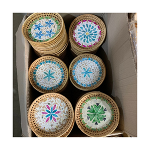 Mosaic Rattan Serving Tray Mother Pearl Inlay: Round <b>Wicker</b> Tray for Dinning Table Natural Boho Table Decor Rustic Home <b>Gift</b> - Product Image 5