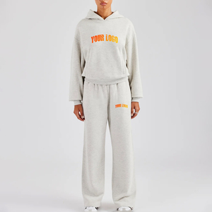 Fait sur mesure femmes 100% coton survêtement en gros solide gris Baggy sans cordon surdimensionné goutte épaule hiver dentelle décoration - Product Image 1