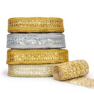 Luxury Eco-Friendly Fancy Sequin Embroidered Lace <b>Trim</b> Roll Metallic Border Design Bridal Couture Garments Ethnic Wear Decor - Product Image 1