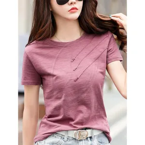 Casual fashion T-shirts O-Neck Korea Tops Summer Short sleeve Women Ribbed Cotton Tee-shirts Female Button Loose