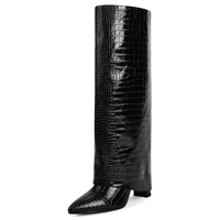 Bottes Montantes à Plateforme et Talon Épais, Bout Carré, Enfilables, Cuissardes Plissées avec Fermeture Éclair en PU pour Femmes