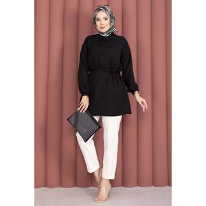 Túnica de Mujer con Botones y Cinturón, Formal, de Popelina, Lino, Viscosa y Algodón, Talla XL Disponible en Negro para Fiestas - Product Image 3