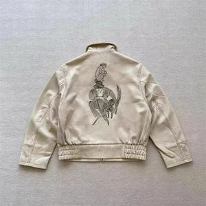 Chaqueta de cuero bordada retro informal para hombre en negro ajuste suelto con bolsillos en el cuello con capucha Material de tela de lana recubierto de lona - Product Image 2