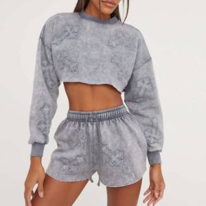 New Stylish Winter Solid Custom Logo 100% Cotton Women's Tracksuit Crop <b>Top</b> Sweatshirt Jogging Set - Product Image 3