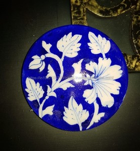 Multicolor Hand-Painted <b>Blue</b> Pottery <b>Coasters</b> Handmade <b>Blue</b> & Yellow Ceramic Round Floral <b>Coaster</b> Set - Product Image 3