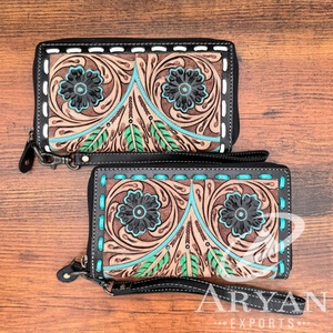 Cartera tallada a mano, funda de teléfono de embrague, hermosa Cartera de lujo de diseñador, multiusos, Cartera de pulsera de cuero de vaca occidental - Product Image 1