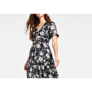 Abito da donna nero XL con stampa floreale e cut-out, elegante stile da festa con logo personalizzato, vita impero, traspirante, ideale per il tè o per il giorno. - Product Image 5