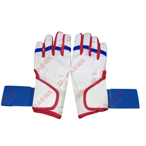 Gants de frappe de baseball personnalisés en cuir de couleur blanche, bleue et rouge à manchette longue pour les joueurs de baseball - Product Image 5