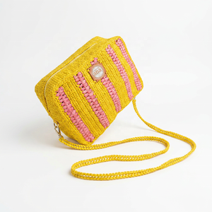 กระเป๋าถักโครเชต์ Anà raffia ลายทางสีเหลืองชมพู ปิดด้วยซิป สไตล์โบฮีเมียนสำหรับฤดูร้อน - Product Image 3
