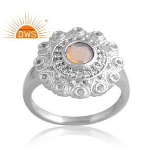 แหวนโอปอลเอธิโอเปียและสีขาวสำหรับผู้หญิงดีไซน์พื้นผิว925เงินแพลเลเดียมชุบทอง - Product Image 1