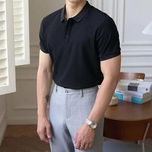 Nouvelle qualité pour l'été nouveau polo en tricot côtelé pour hommes chemises à revers solide blanc décontracté col en v de haute qualité Lel Slim-fit - Product Image 5