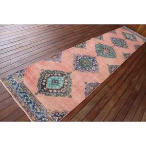 Vintage 2,8x12,7 ft Rug, Turkish Rug, <b>Red</b> Check <b>Wool</b> Rug - Product Image 2