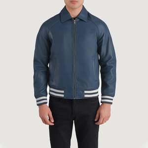 Chaqueta Varsity de Piel de Oveja Estilo Casual Urbano Walton con Bordado de Chenilla Azul, Cierre de Cremallera, Cuello Alto, Talla XS para Otoño - Product Image 1