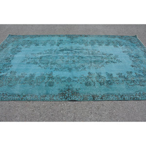 Tapis Turc Vintage 5.7 X 10.2ft Classique Bleu Laine Polyester Patchwork Design pour Salon Rectangle Couloir Style Latex - Product Image 3