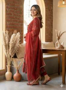 Vestido largo Anarkali de diseño indio tradicional para mujer, de manga larga, elástico, con diamantes, listo para usar. - Product Image 4