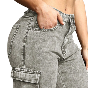 Custom Womens <b>Light</b> Grey Wide Leg Cargo Jeans Mid Regular Fit for Wash Denim Utility Streetwear Pants Everyday 100% Cotton - Product Image 5