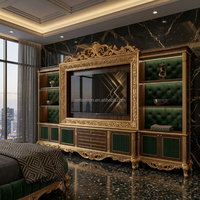 OE-FASHION Ensemble de mobilier complet pour chambre principale de villa, lit rond en velours vert émeraude de style baroque, bois sculpté à feuilles d'or