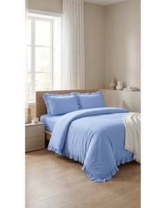 Ruffled Blue Poly-Cotton European-American Style 57TC <b>Bedding</b> Set <b>Queen</b> <b>Size</b> Frill Trim Duvet Cover 4pcs Soft Breathable Machine - Product Image 2