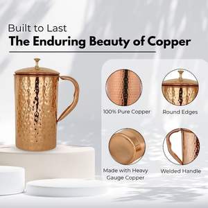 Recién llegado, jarra de diseñador de cobre puro de 2200ml resistente, Metal 100% con tapa y asa para beneficios de salud ayurvédicos - Product Image 2