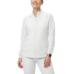 Chaqueta de uniforme médico personalizada OEM para mujer, con cremallera completa, corte ajustado, manga larga, hombros plisados y bolsillos angulares - Product Image 1