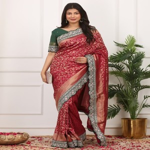 Sari tejido Premium Kadi Georgette Jal Zari con bordado pesado y borde de encaje de lentejuelas Ideal para bodas y fiestas - Product Image 2