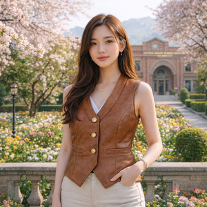 Chaleco de Cuero Genuino Personalizado para Mujer, Corte Entallado, Cierre de Botones, Color Marrón, Proveedor OEM ODM - Product Image 3