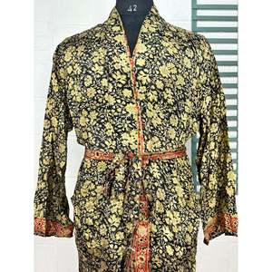 Kimono en satin noir et or à motifs floraux, best-seller, luxueux, robe de maison bohème persane pour homme, confortable, en soie douce - Product Image 2