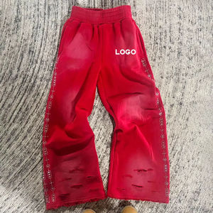 Pantalones de chándal de pierna recta lavados desgastados gruesos con adornos de diamantes de imitación personalizados OEM ODM, pantalones de chándal teñidos lisos - Product Image 3