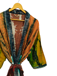 Tie Dye Sari Tela Kimono Multi Color Robe Wrap Dress Mujer Verano Sari Seda Kimono Tamaño libre Robe - Product Image 3