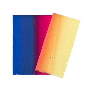 Ensemble de foulards de mode bleu et jaune en soie et coton, châle dégradé avec pompons - Product Image 1