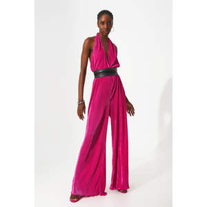 Mono largo plisado de satén fucsia con cuello halter para fiesta - Product Image 3