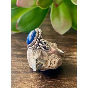 Navajo-Made 14k Platinum <b>Ring</b> Lapis Turquoise Gemstone Rhodium Plated Rhodium Paved Cut Everyday Wear Sterling Silver Setting - Product Image 4