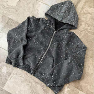Sudadera con capucha de gran tamaño personalizada con diamantes de imitación Heavyweight Streetwear ZipUp para hombres OEM/ODM Fabricante Full Rhinestone Hombres sudaderas con capucha - Product Image 2