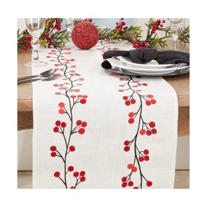 Red Floral Embroidered Tasselled 100% Organic Cotton GOTS Certificate Event Luxury Dining <b>Table</b> Runner Interior Decorative Sets - Product Image 3