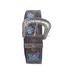 Multicolor Hand Painted Floral Embossed Genuine Western Leather <b>Tooling</b> <b>Belt</b> with Designer Floral Single Prong Brass Buckle - Product Image 1