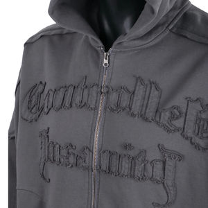 Sweat à capuche surdimensionné à fermeture éclair pour homme, streetwear, logo personnalisé, appliqué délavé, broderie, coton, tissu éponge français, patchwork - Product Image 3