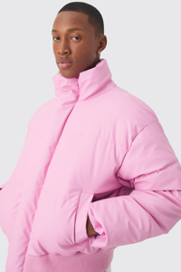 New Style Custom Logo Boxy Matte PU <b>Funnel</b> Neck Puffer Jacket In Pink Windproof Warm Winter Outdoor Quilted Down Men's Jackets - Product Image 6