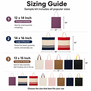 Cotton <b>Canvas</b> <b>Tote</b> <b>Bag</b> Sample Kit 8 Pieces 330 GSM Mixed Sizes Colours and Designs - Product Image 2