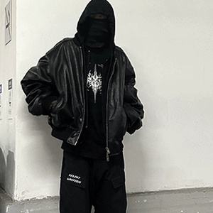 Veste bomber en cuir surdimensionnée Techwear personnalisée Cyberpunk, streetwear, fermeture éclair intégrale, capuche, veste bomber en cuir Techwear - Product Image 2