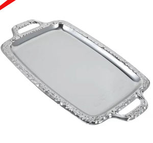 Bandeja de servicio de metal con acabado plateado de buena calidad con mango de diseño para bodas y fiestas - Product Image 4