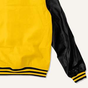 Chaqueta universitaria amarilla y negra de estilo deportivo, colores personalizados y logotipos, manga de cuero, chaqueta universitaria de invierno Letterman, OEM personalizado - Product Image 5