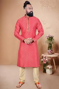 <b>Mens</b> Traditional <b>Festival</b> <b>Wear</b> Rayon Cotton Sequence Chiefly Work With Embroidery Work Designer Kurta Paijama for Wedding - Product Image 3