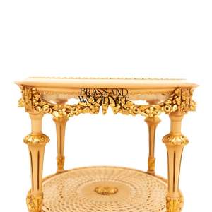 Mesa Auxiliar Redonda de Lujo Color Crema con Pintura Floral a Mano y Estante de Dos Niveles con Detalles Dorados para Decoración Clásica - Product Image 3