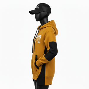 Sudadera con Capucha Completa para Mujer, Mezcla de Algodón de Alta Calidad, Felpa de 320 GSM, Color Mostaza, Panel Negro, Logotipo Personalizado, Sudaderas Básicas - Product Image 3