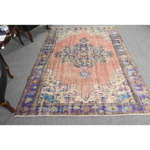 พรมวินเทจตุรกี ขนาด 5.9x8.4 ฟุต พรมขนสัตว์สีแดงลายปะติด - Product Image 1